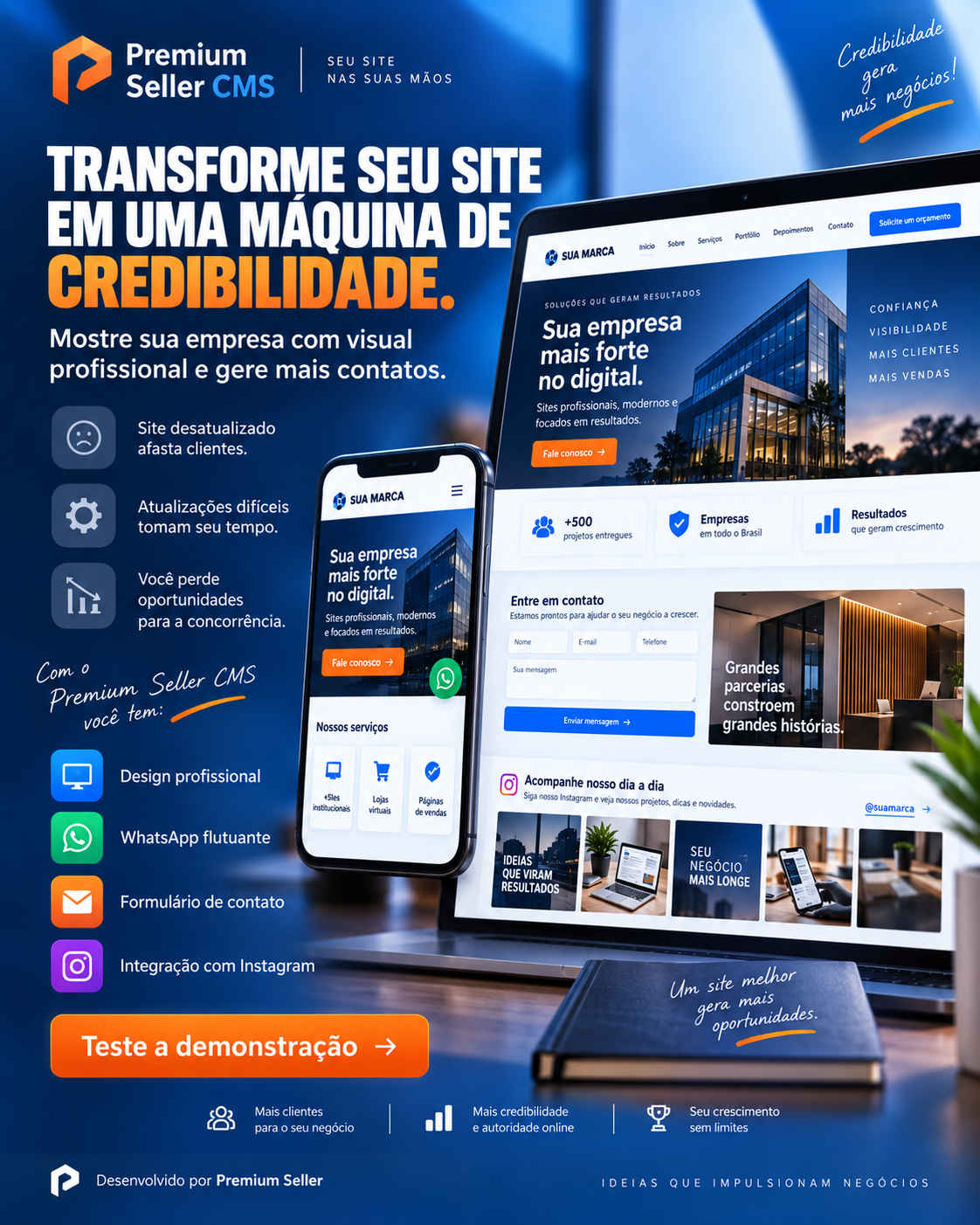 Premium Seller CMS Site Institucional pronto para instalar e usar