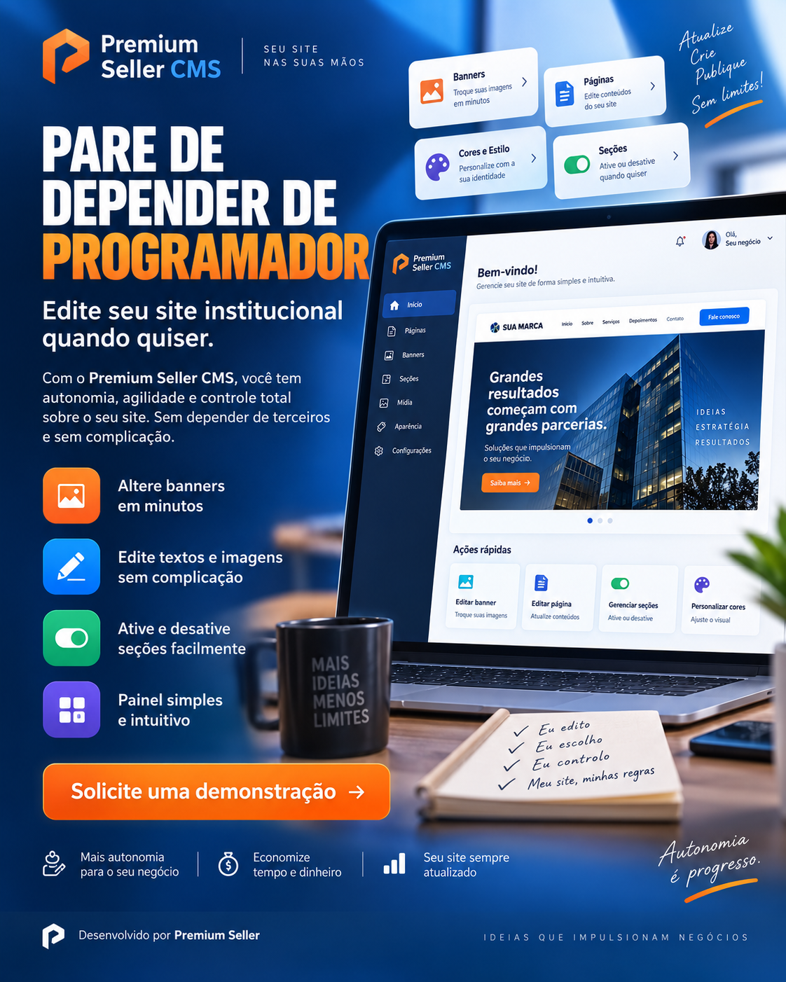 Premium Seller CMS Site Institucional pronto para instalar e usar