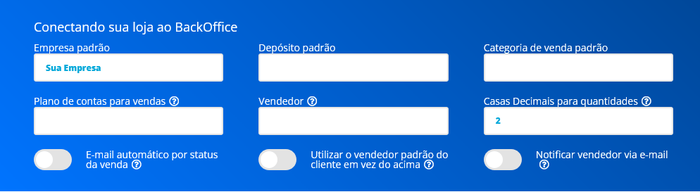 Tela do sistema de configuração da LOja virtual ERP Premium Seller