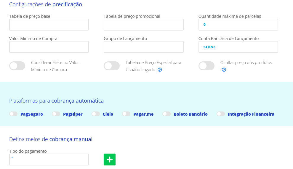 Tela do sistema de configuração da LOja virtual ERP Premium Seller